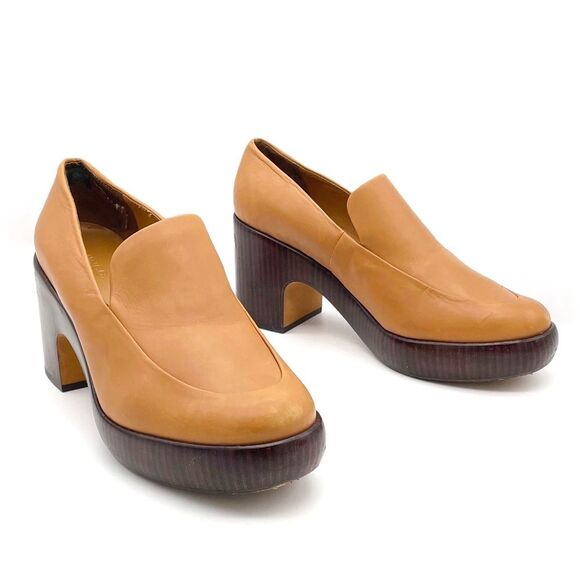 Vince Narissa High Heel Platform Clog Loafers in Cognac Tan Leather Size 8.5 - Picture 5 of 16